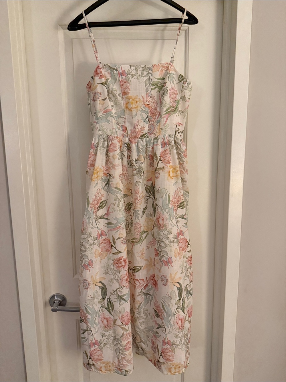 H&M White Floral Midi Sundress with Pastel Pink & Yellow Flowers NWT